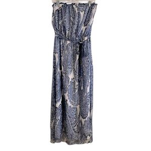 Milly Strapless Silk Midi Dress Women’s Size 6 Paisley Boho Tie Waist Blue White